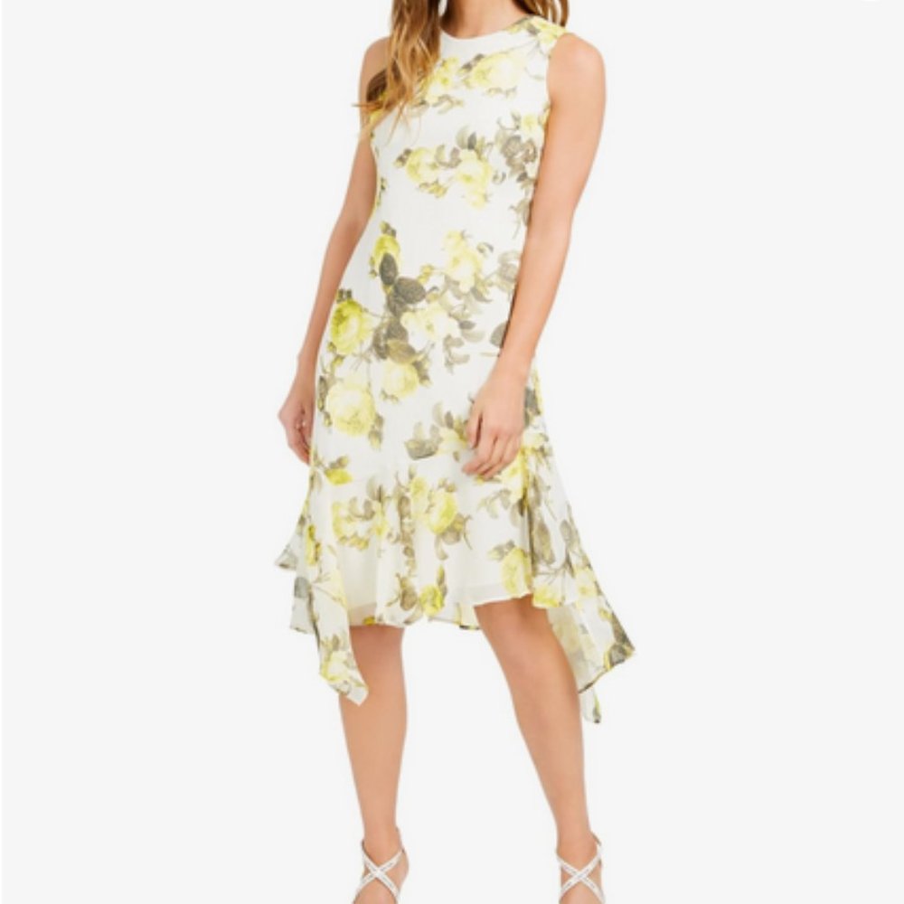 Calvin Klein Womens White Chiffon Floral Asymmetric Midi Dress NEW